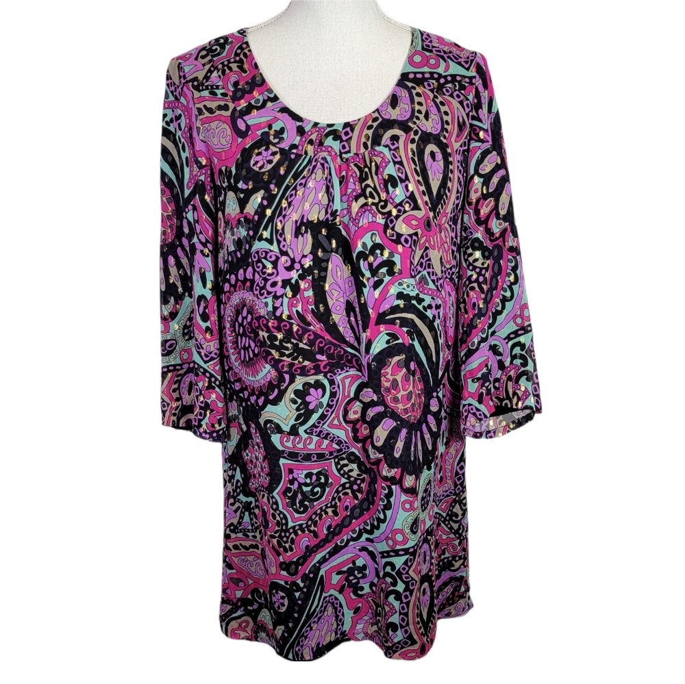 Tibi Silk Shift Mini Dress Metallic Floral Paisley Retro 60s Inspired 6